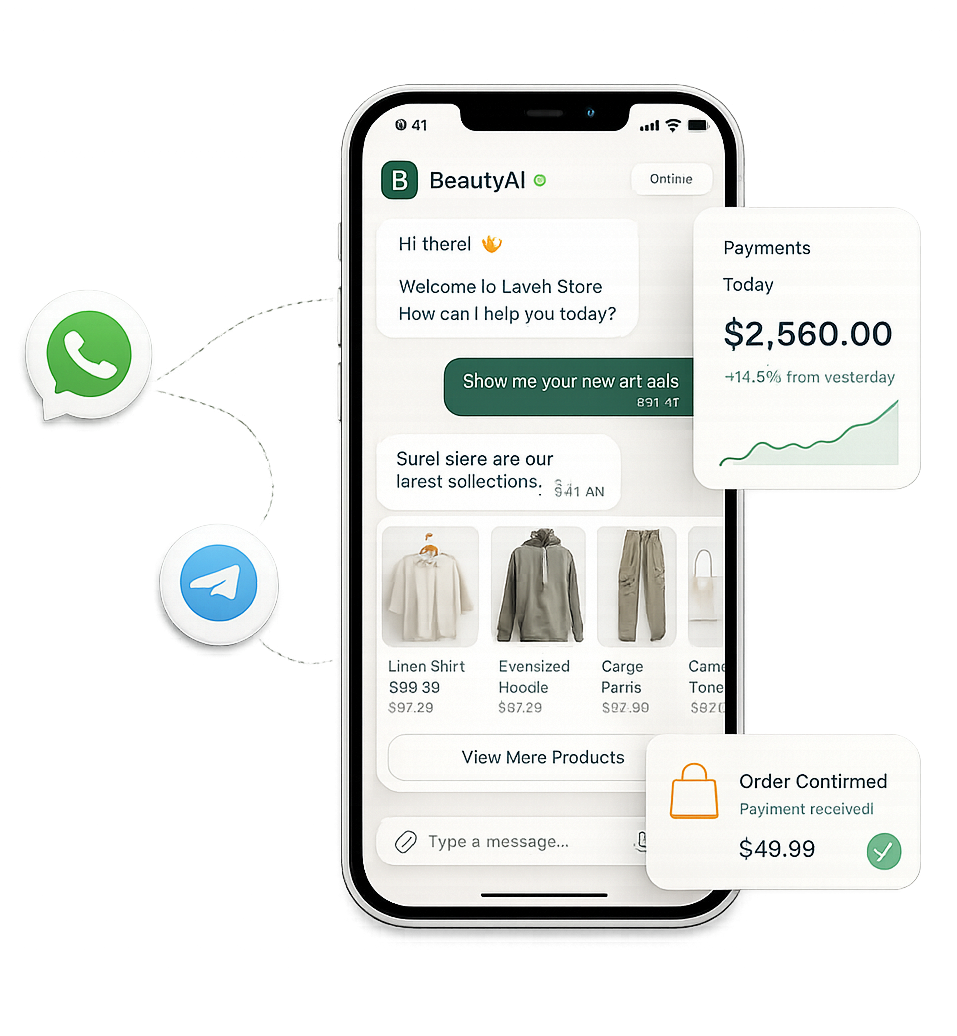 Kasuwa Ai AI assistant chat showing product browsing, payments, and order confirmation